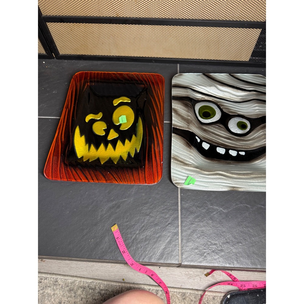 Halloween Slumped Glass Tray Set Pumpkin and Mummy Decorative Plates 12x9
